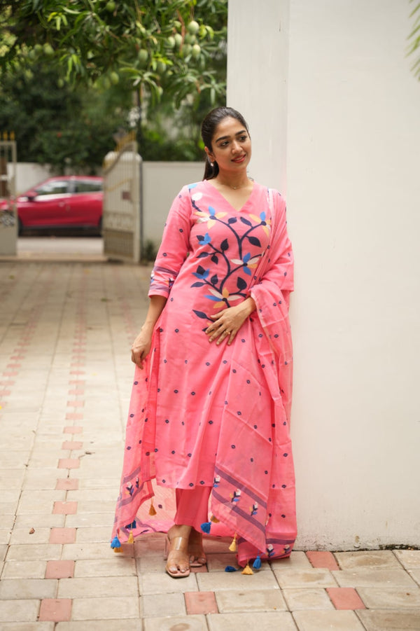 Blossom Peach Jamdani Cotton Suit Set