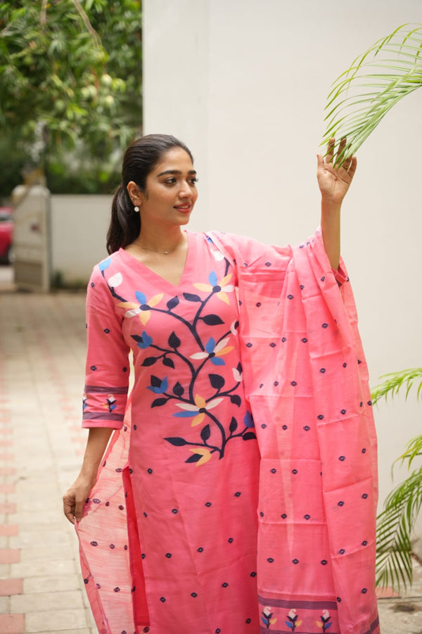 Blossom Peach Jamdani Cotton Suit Set