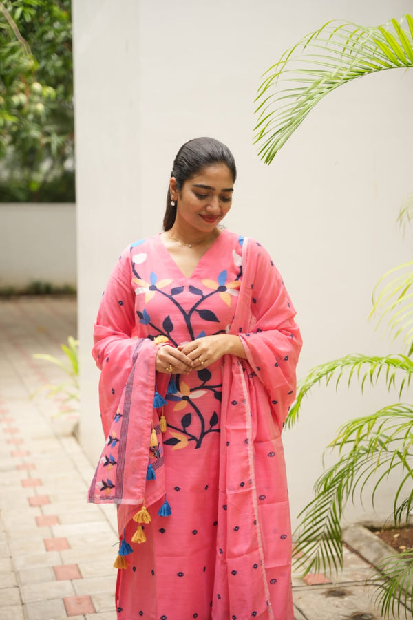 Blossom Peach Jamdani Cotton Suit Set