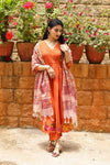 ✨Aarunika Orange Cotton Embroidered Suit Set with Hand Block Doria Dupatta
