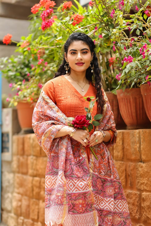 ✨Aarunika Orange Cotton Embroidered Suit Set with Hand Block Doria Dupatta