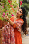 ✨Aarunika Orange Cotton Embroidered Suit Set with Hand Block Doria Dupatta