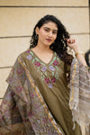 ✨Avanthika Olive Brown Cotton Embroidered Suit Set with Hand Block Doria Dupatta