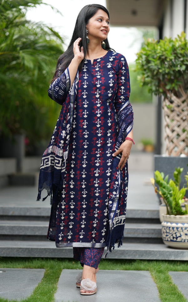 Kashvi Linen Hand BlockPrinted Suit Set with lining