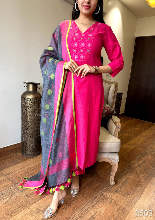 Karvi Handloom cotton Suit sets with linen Duppata