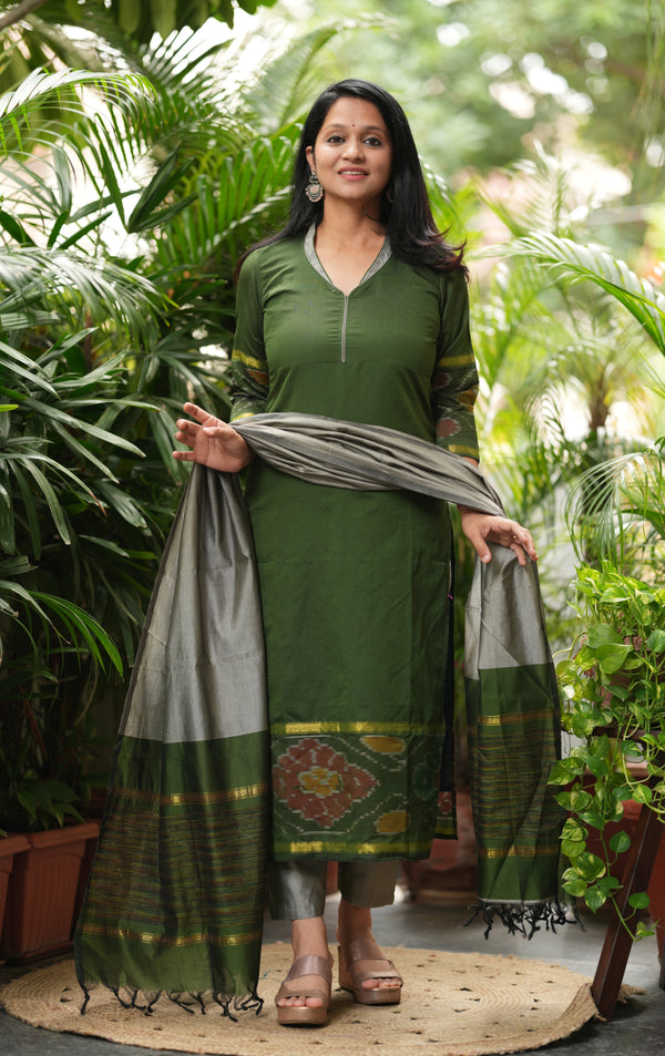 Silken Vana – Pochampally Elegance Suit in Olive Sage