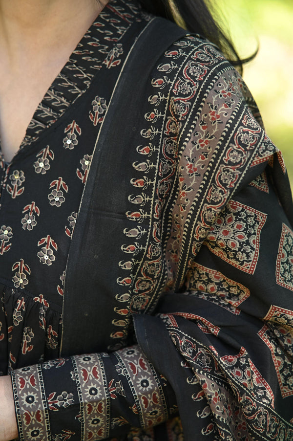 Mehnisha Alia black Ajrak Anarkali Suit Sets