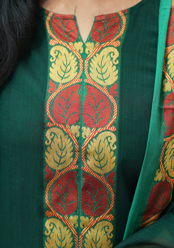 Narayanpeth Rajeshwari Handloom cotton Suit Set-Green