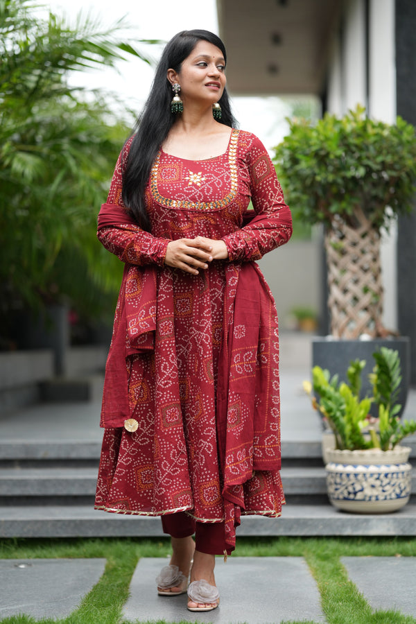 Savitri Red Bandhani Cotton Anarkali Suit Sets