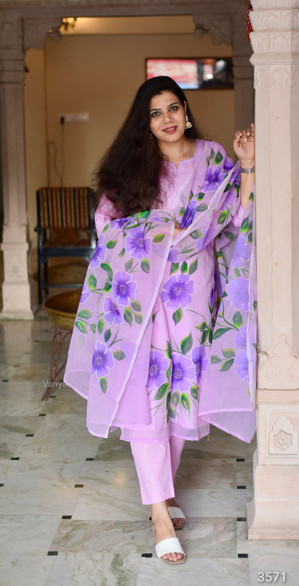 Hand Brush Kota Doria Suit Sets- Pastel Lavender