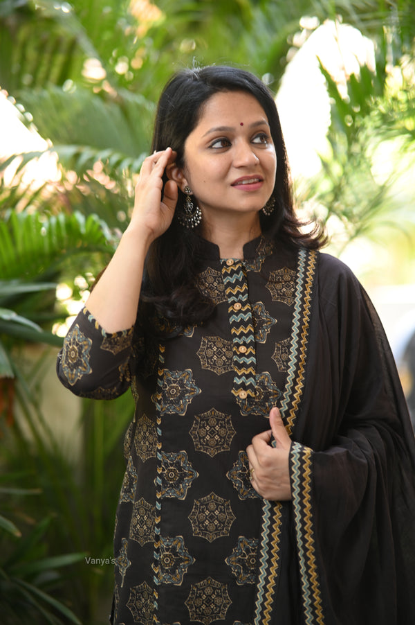 Kanika Black Ajrak Applique Suit Sets