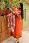 ✨Aarunika Orange Cotton Embroidered Suit Set with Hand Block Doria Dupatta