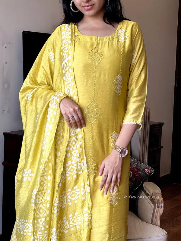 Yellow batik self embroidery suits