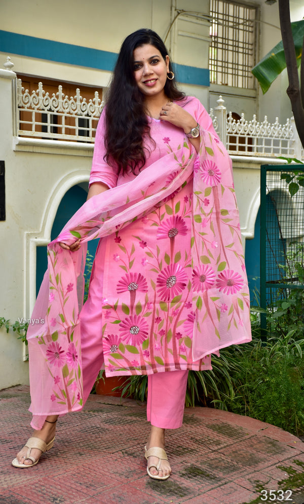 Hand Brush Kota Doria Suit Sets- Pink