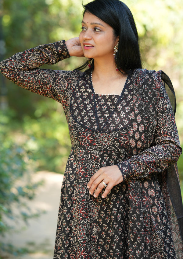 Manjiri Ajrak Cotton Anarkali Suit Sets- Black