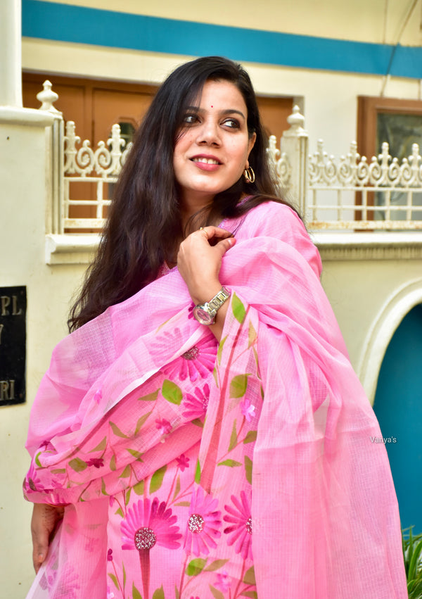Hand Brush Kota Doria Suit Sets- Pink
