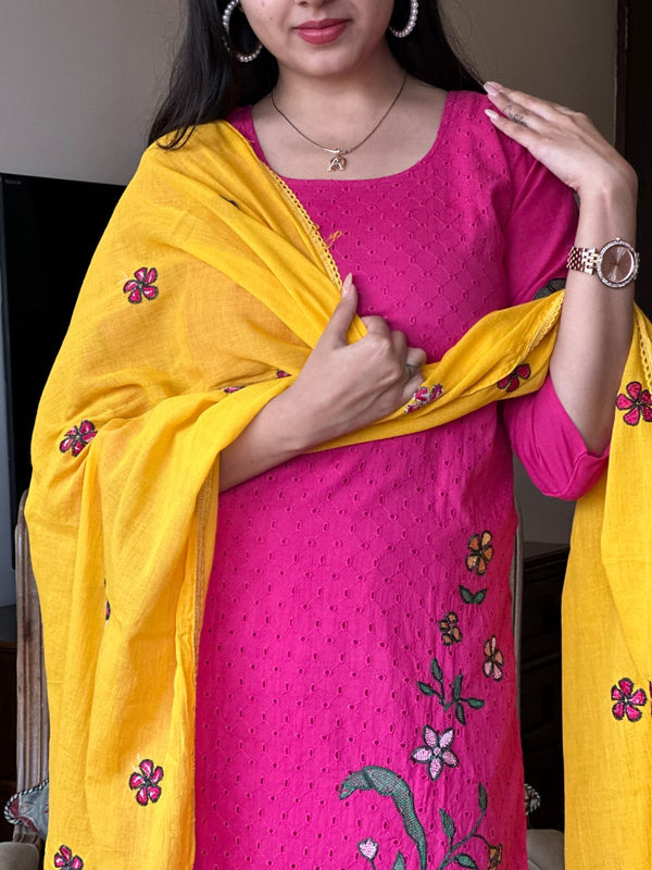 Pink Schiffle cotton with lining suits sets