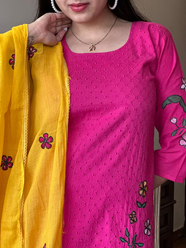 Pink Schiffle cotton with lining suits sets