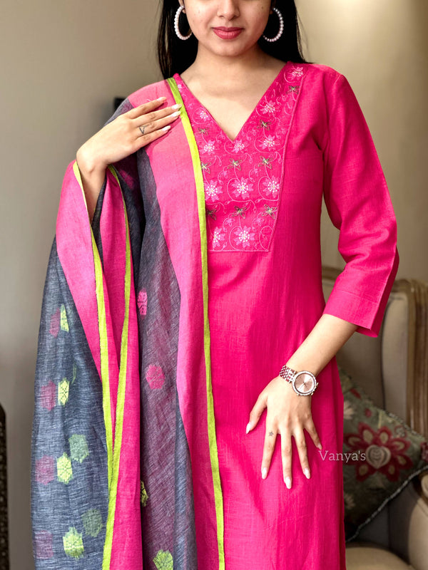Karvi Handloom cotton Suit sets with linen Duppata