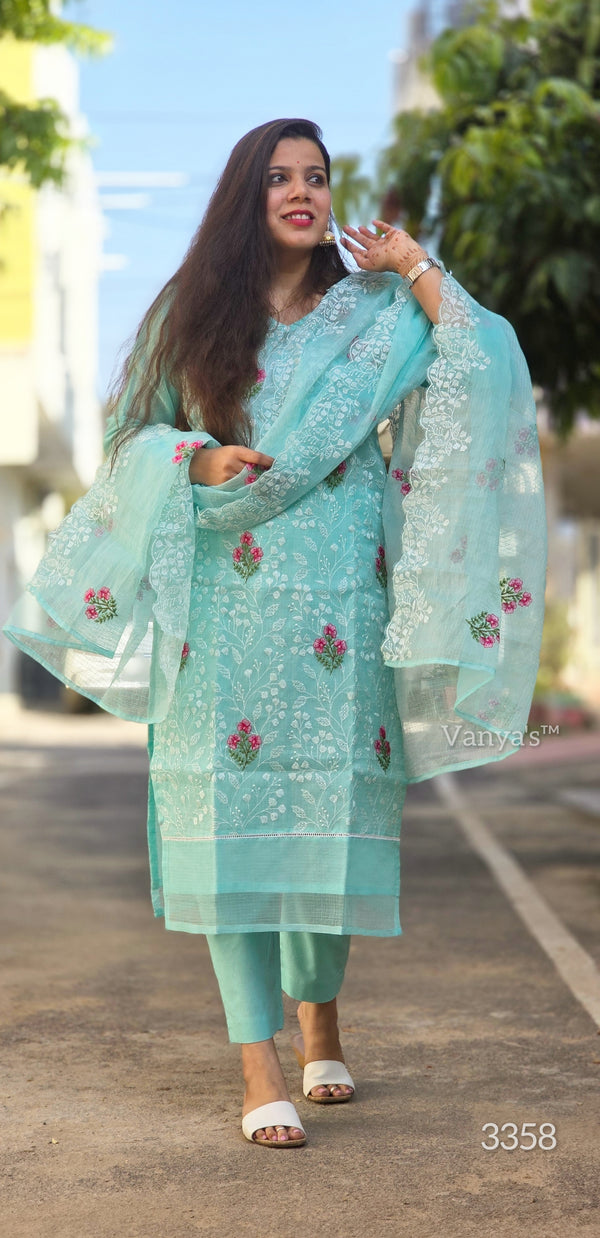 Meenakshi Aqua Embroidered Kota Doria