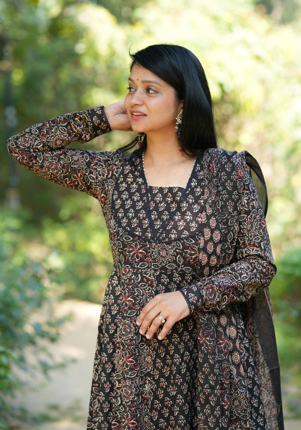 Manjiri Ajrak Cotton Anarkali Suit Sets- Black