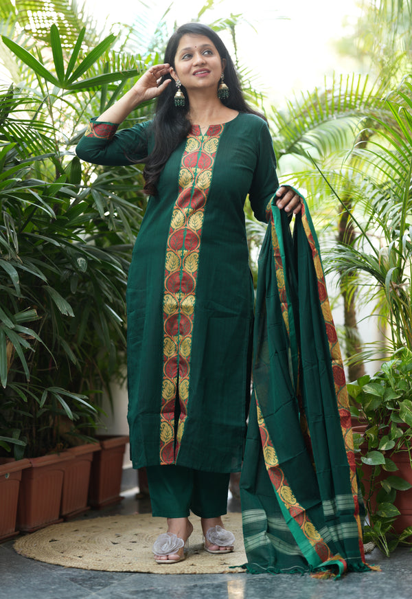Narayanpeth Rajeshwari Handloom cotton Suit Set-Green