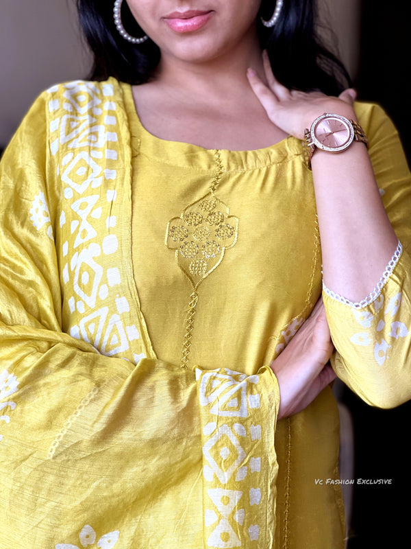Yellow batik self embroidery suits