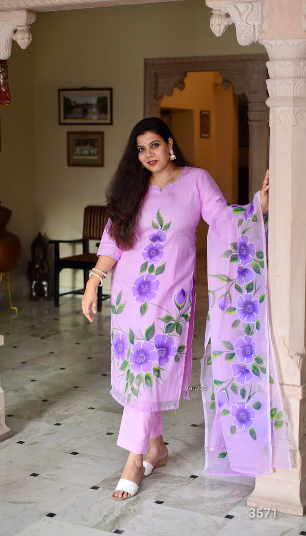 Hand Brush Kota Doria Suit Sets- Pastel Lavender