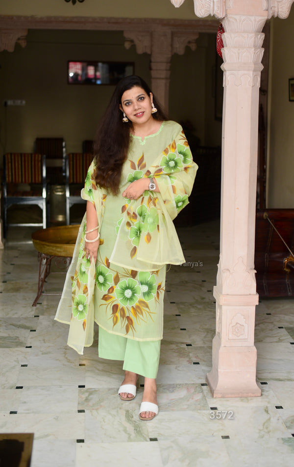 Hand Brush Kota Doria Suit Sets- Green