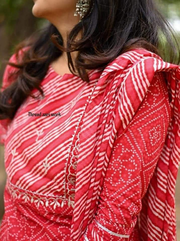 Red bandhej cotton embroidery suits sets-Buy1Get1 offer