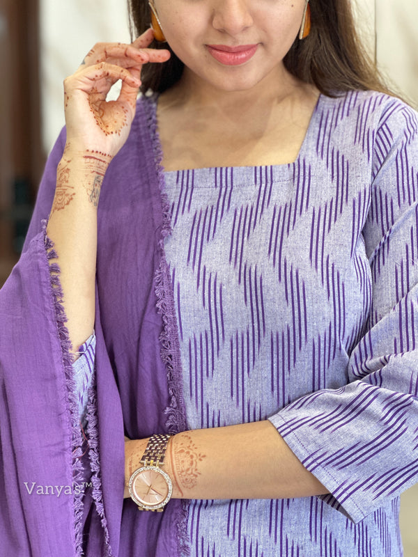 Lavender ikkath handloom breeze cotton suit- Buy1Get1