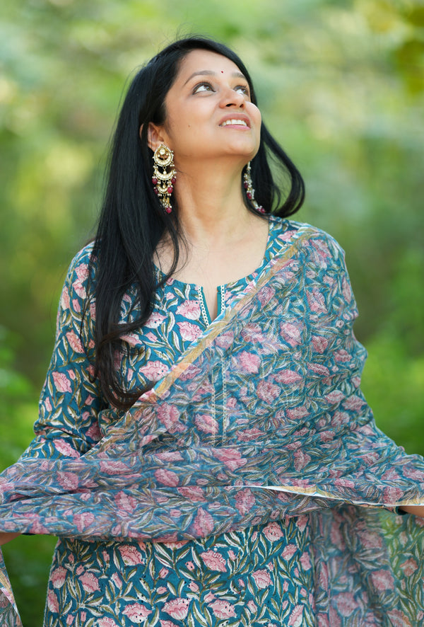 Thamarai Schiffli Hand block Cotton Suit Set with Doria Dupatta