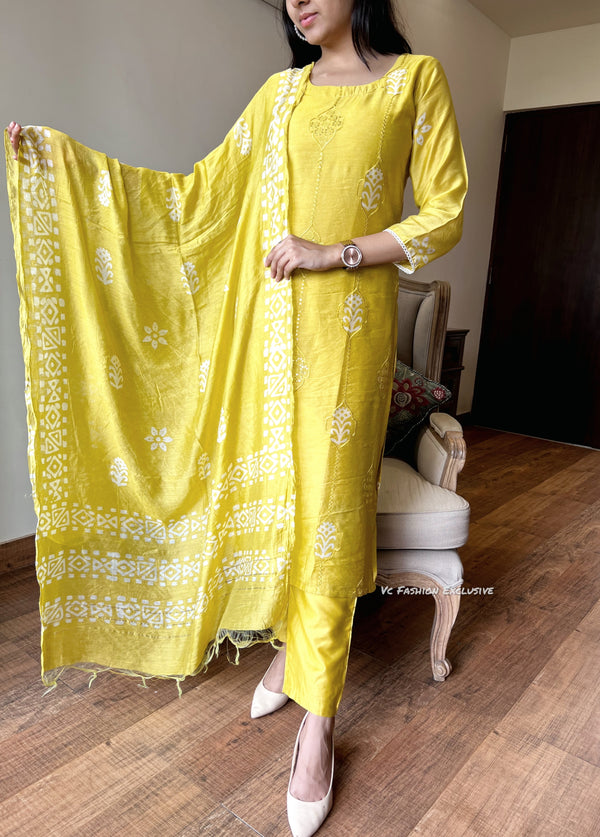 Yellow batik self embroidery suits
