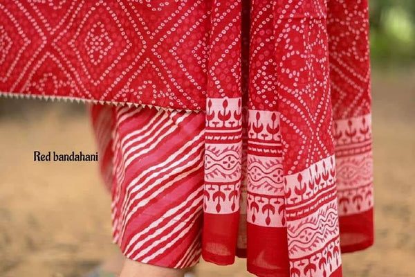 Red bandhej cotton embroidery suits sets-Buy1Get1 offer