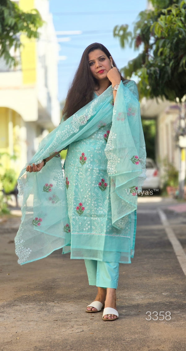 Meenakshi Aqua Embroidered Kota Doria