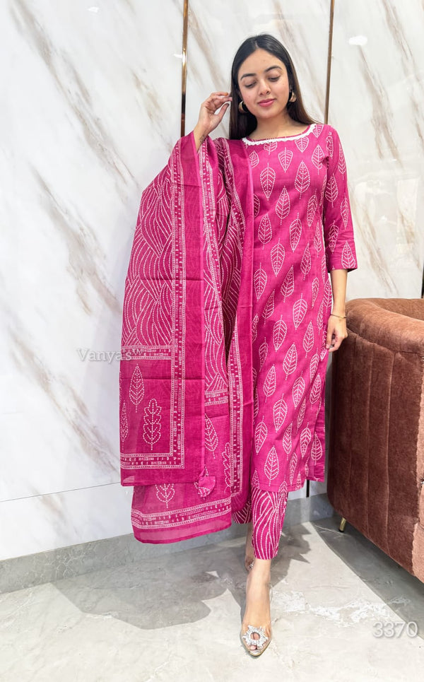 Bloom pink cotton discharge print suit sets