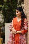 ✨Aarunika Orange Cotton Embroidered Suit Set with Hand Block Doria Dupatta