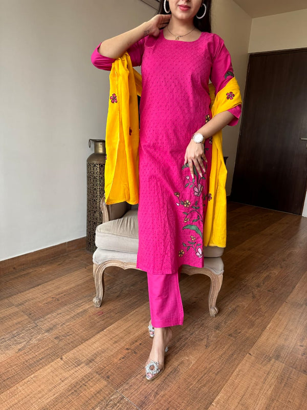 Pink Schiffle cotton with lining suits sets