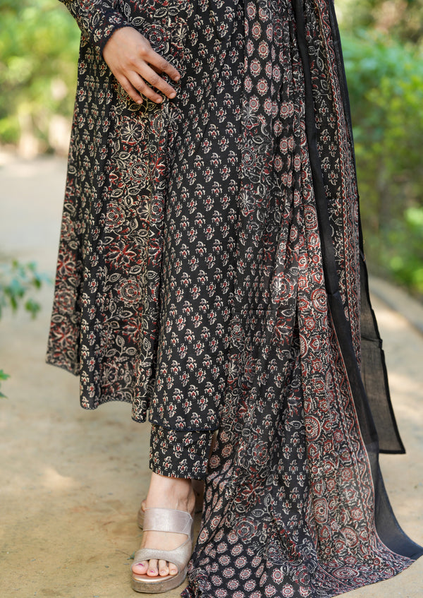 Manjiri Ajrak Cotton Anarkali Suit Sets- Black