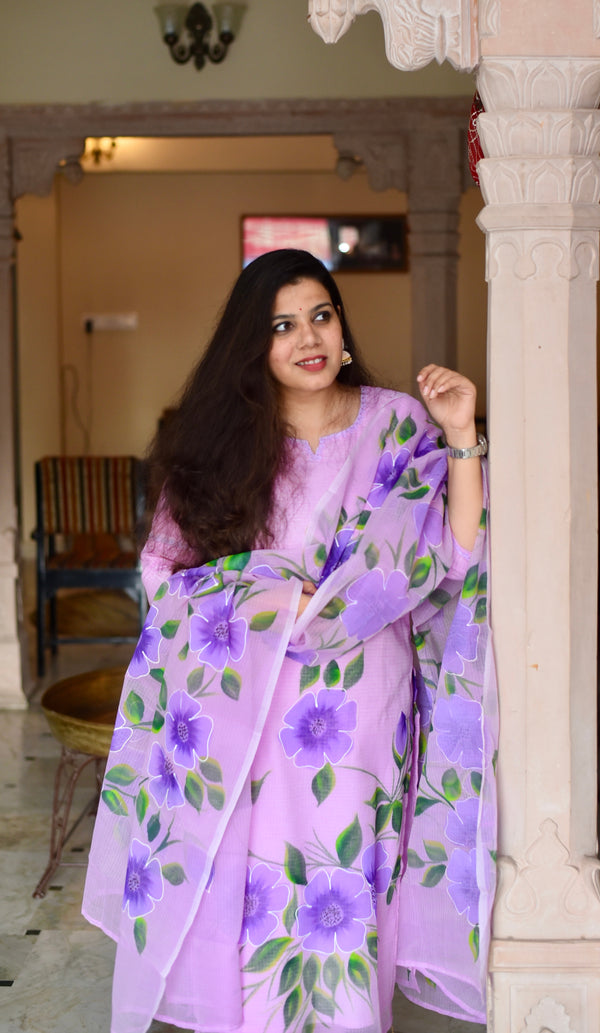 Hand Brush Kota Doria Suit Sets- Pastel Lavender