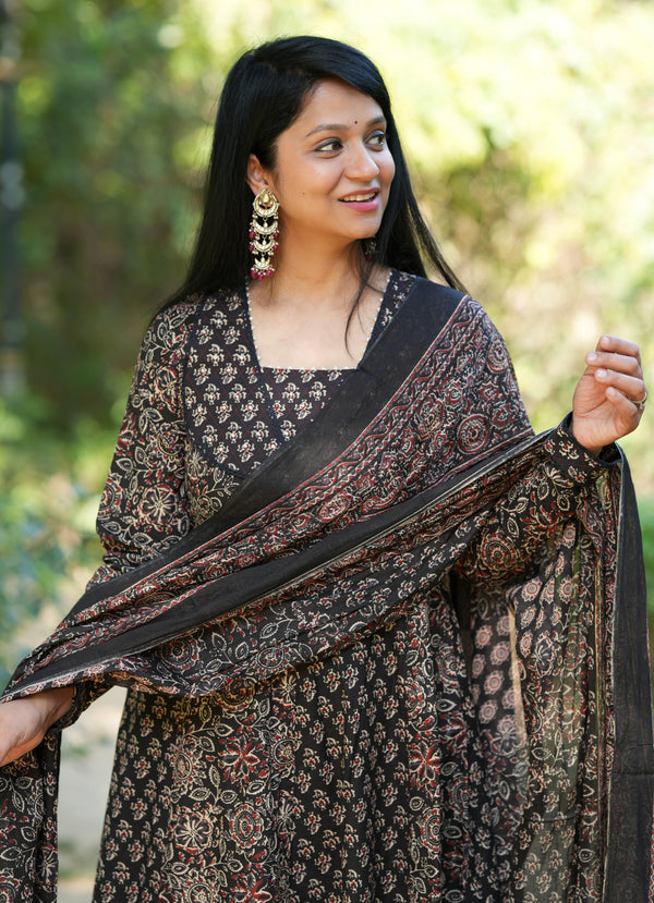 Manjiri Ajrak Cotton Anarkali Suit Sets- Black