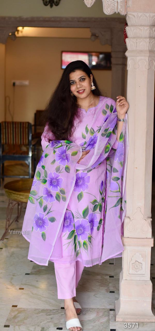 Hand Brush Kota Doria Suit Sets- Pastel Lavender