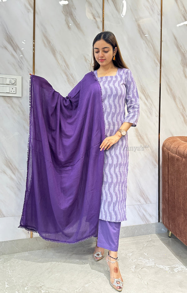 Lavender ikkath handloom breeze cotton suit- Buy1Get1