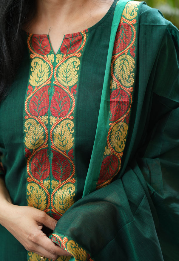 Narayanpeth Rajeshwari Handloom cotton Suit Set-Green