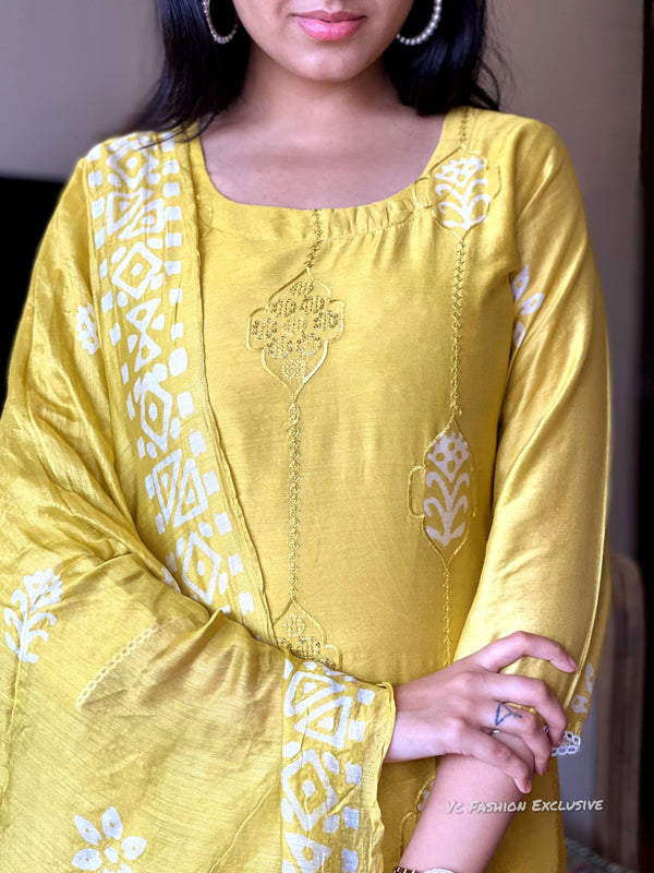 Yellow batik self embroidery suits