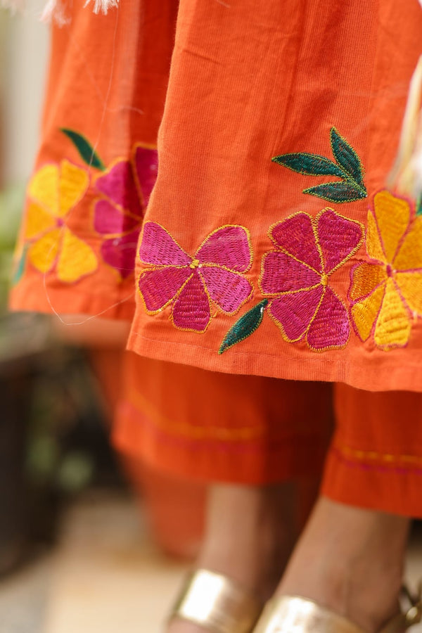 ✨Aarunika Orange Cotton Embroidered Suit Set with Hand Block Doria Dupatta