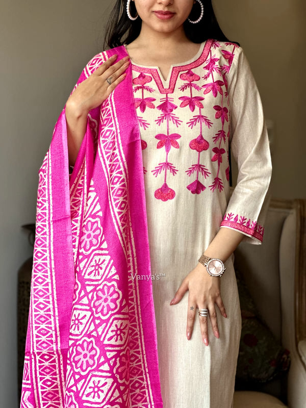 Khadi cotton embroidery suit sets-Buy1Get1 pink