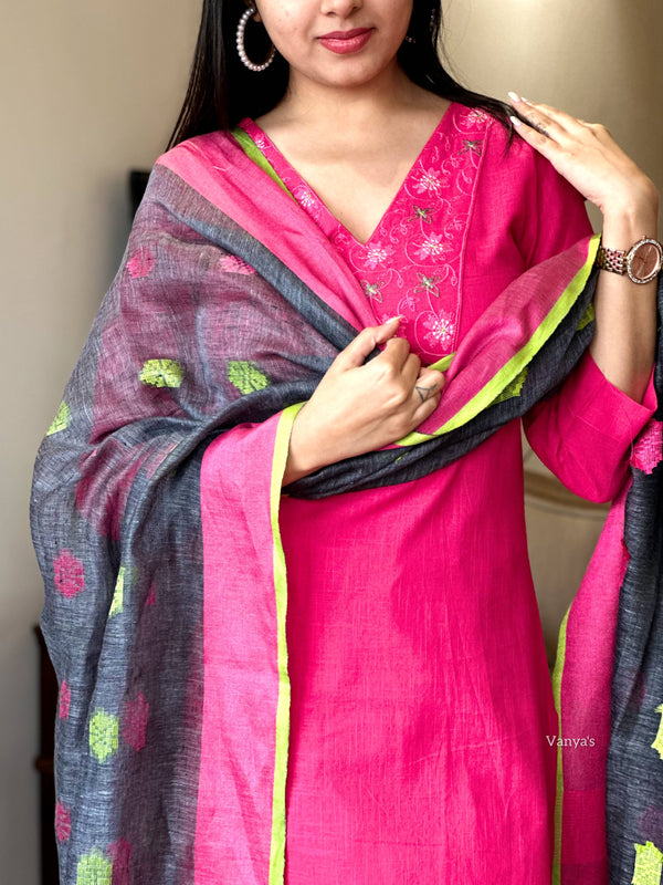 Karvi Handloom cotton Suit sets with linen Duppata